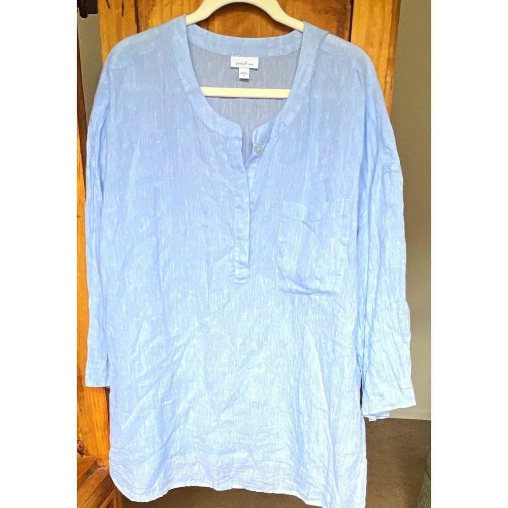 Purejill Women's Linen Tunic Blouse Blue XL 3/4 Sleeve Lightweight